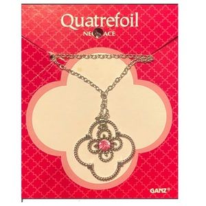 2/$15- Silvertone Quatrefoil Pendant Necklace w/ Bright Pink Stone